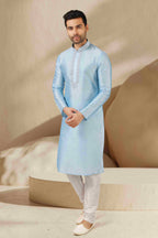 Raivat Ethnic Banarasi Art Silk Mirror Work Kurta Pajama In Sky Blue Colour - Distacart