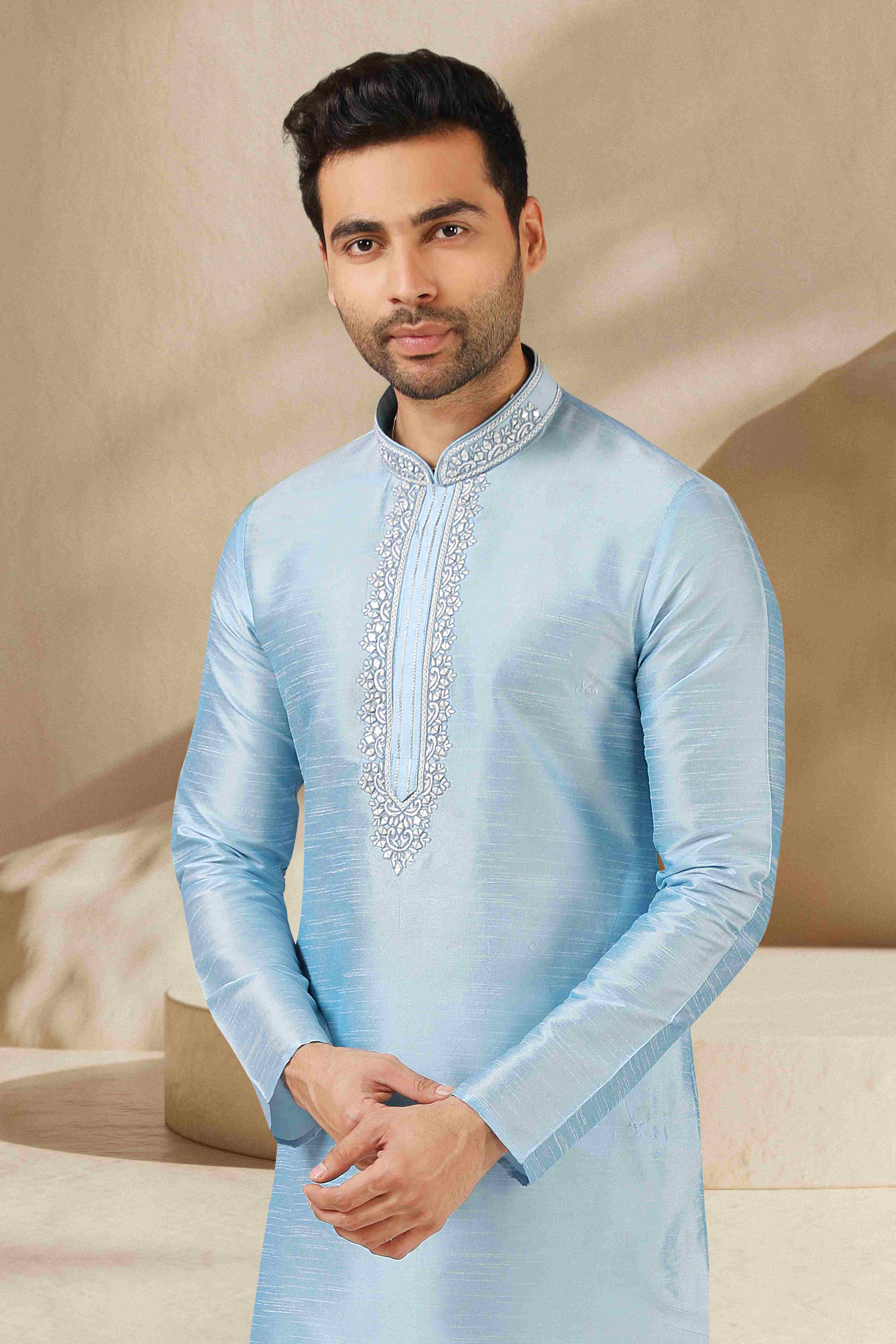 Raivat Ethnic Banarasi Art Silk Mirror Work Kurta Pajama In Sky Blue Colour - Distacart