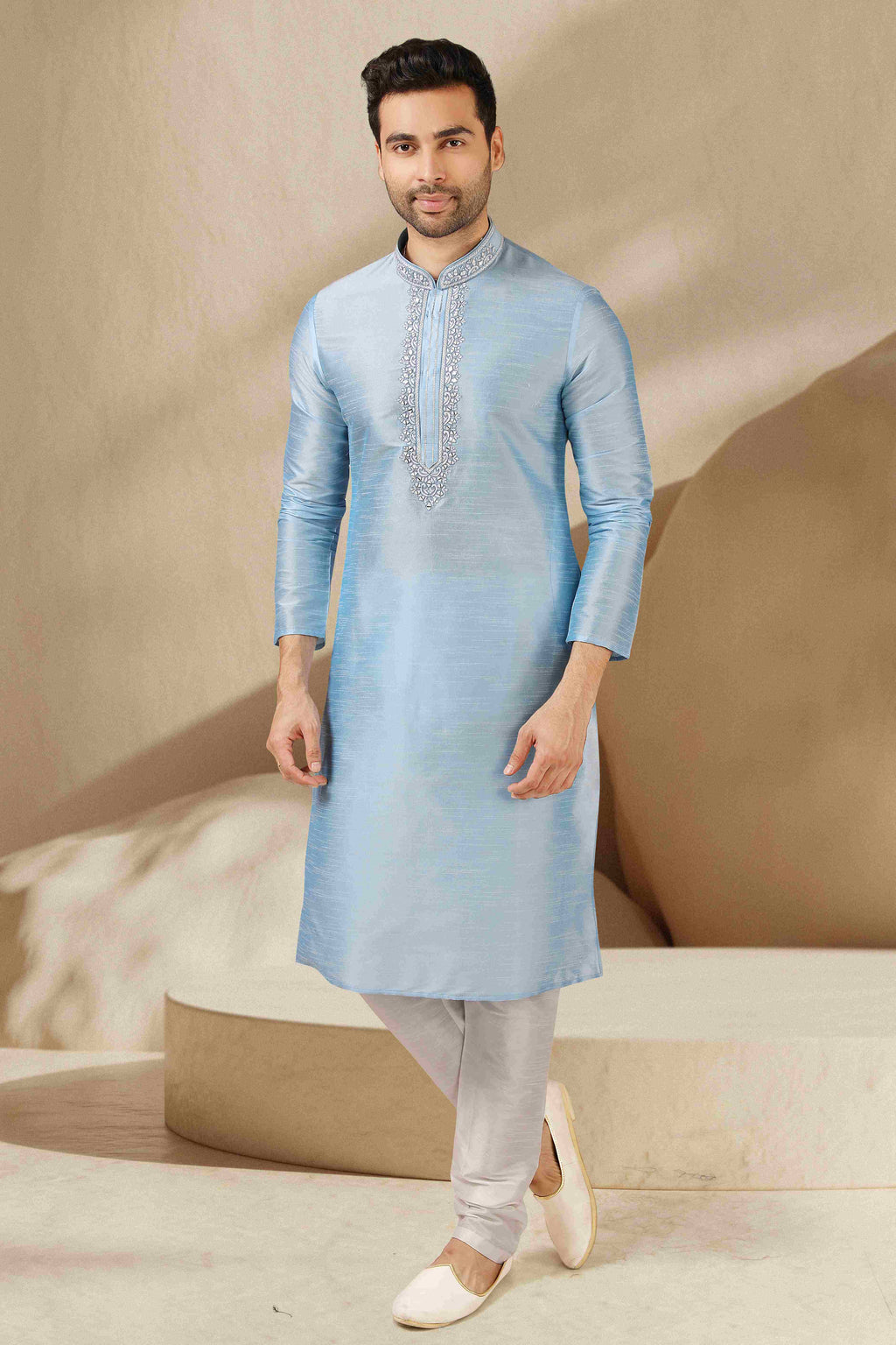 Raivat Ethnic Banarasi Art Silk Mirror Work Kurta Pajama In Sky Blue Colour - Distacart