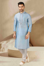 Raivat Ethnic Banarasi Art Silk Mirror Work Kurta Pajama In Sky Blue Colour - Distacart