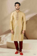 Raivat Ethnic Banarasi Art Silk Mirror Work Kurta Pajama In Beige Gold Colour - Distacart