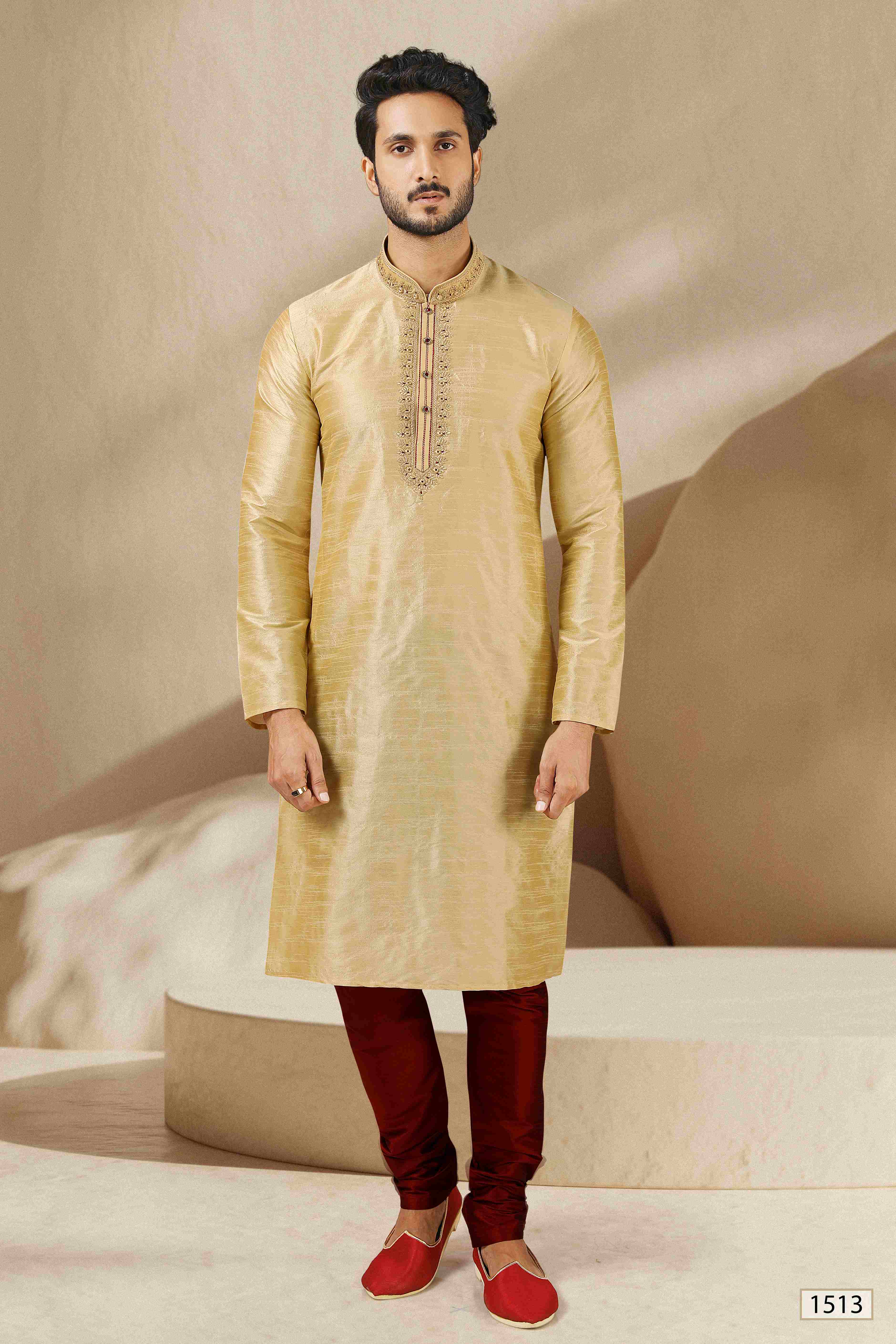 Raivat Ethnic Banarasi Art Silk Mirror Work Kurta Pajama In Beige Gold Colour - Distacart