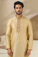 Raivat Ethnic Banarasi Art Silk Mirror Work Kurta Pajama In Beige Gold Colour - Distacart