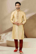 Raivat Ethnic Banarasi Art Silk Mirror Work Kurta Pajama In Beige Gold Colour - Distacart