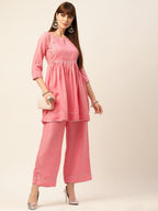 Sangria Peach-Coloured Zari Gotta Patti Pleated A-Line Pure Cotton Kurti With Palazzo