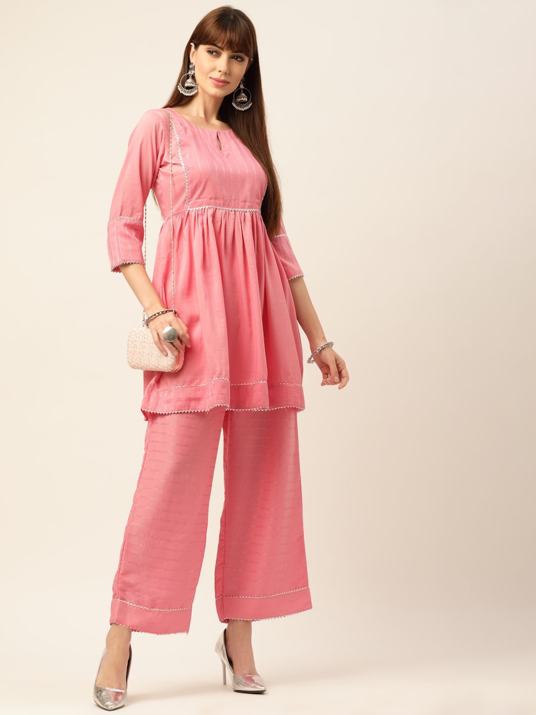Sangria Peach-Coloured Zari Gotta Patti Pleated A-Line Pure Cotton Kurti With Palazzo