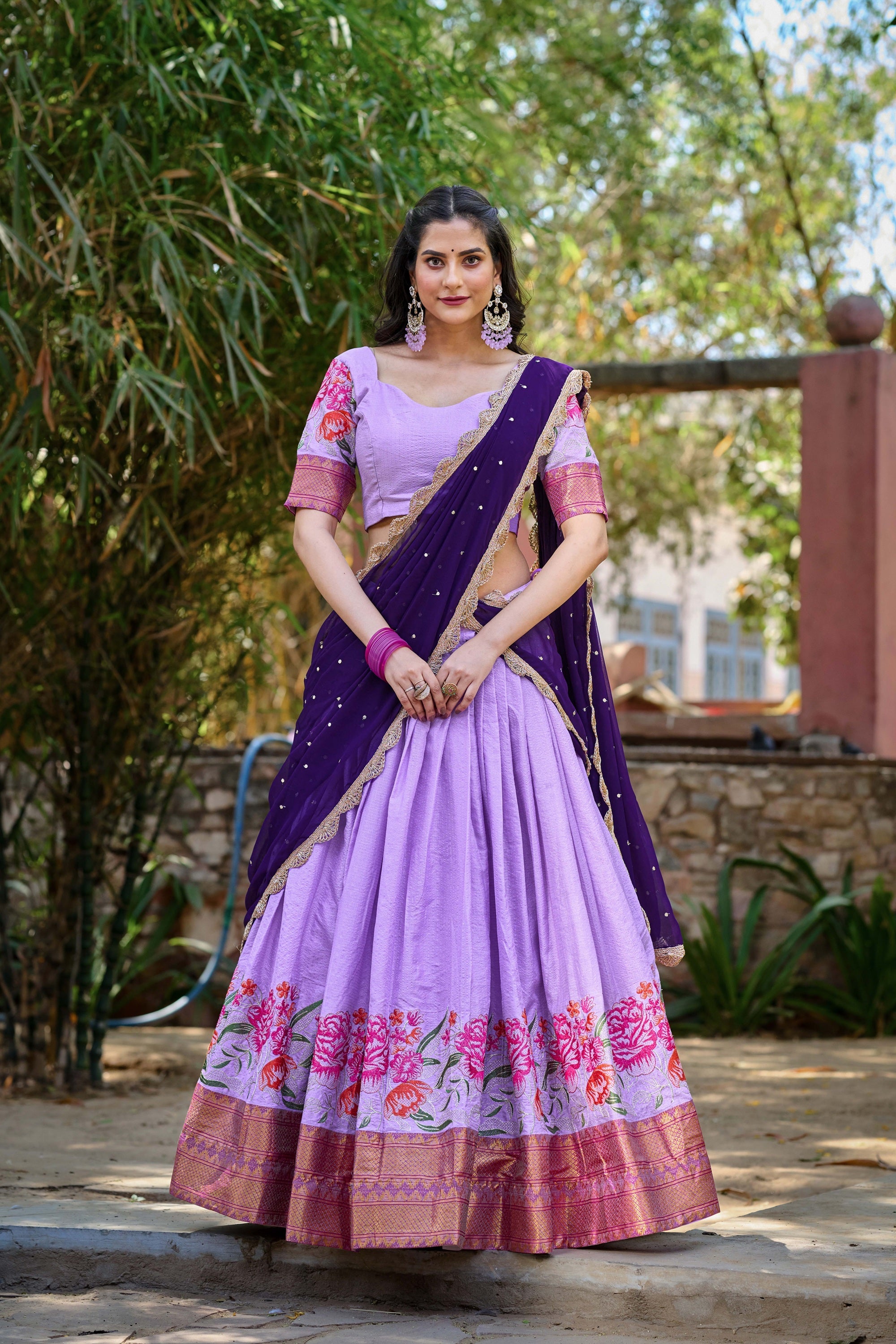 Lorenvalley Fashion Lavender Cotton Silk Thread Embroidery Work Lehenga Choli with Dupatta