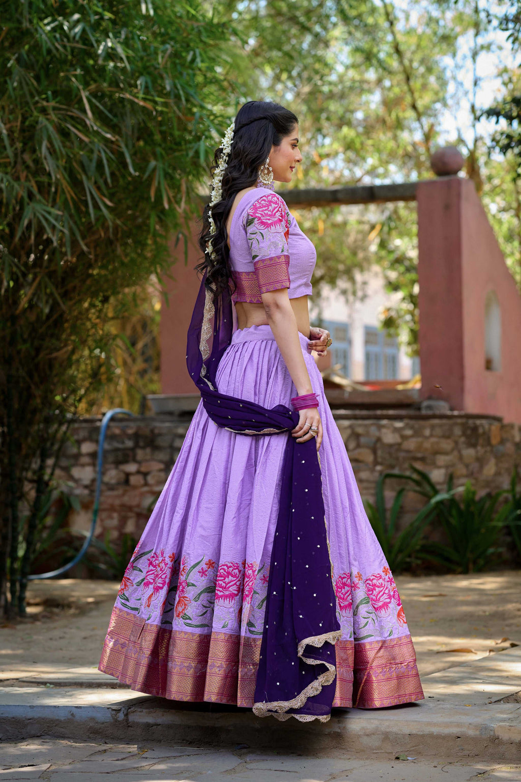 Lorenvalley Fashion Lavender Cotton Silk Thread Embroidery Work Lehenga Choli with Dupatta