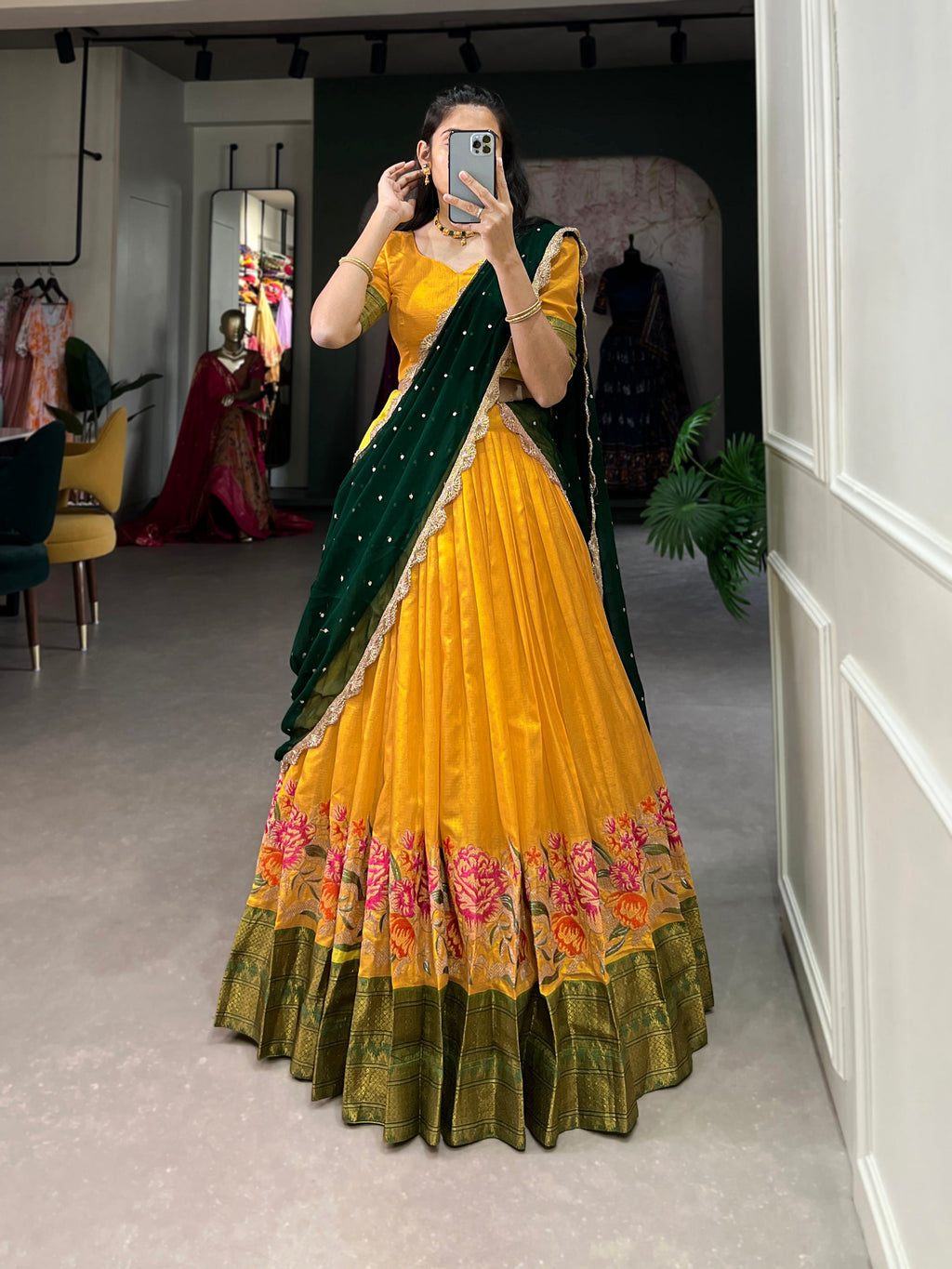 Lorenvalley Fashion Mustard Cotton Silk Thread Embroidery Work Lehenga Choli with Dupatta