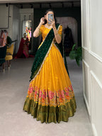 Lorenvalley Fashion Mustard Cotton Silk Thread Embroidery Work Lehenga Choli with Dupatta