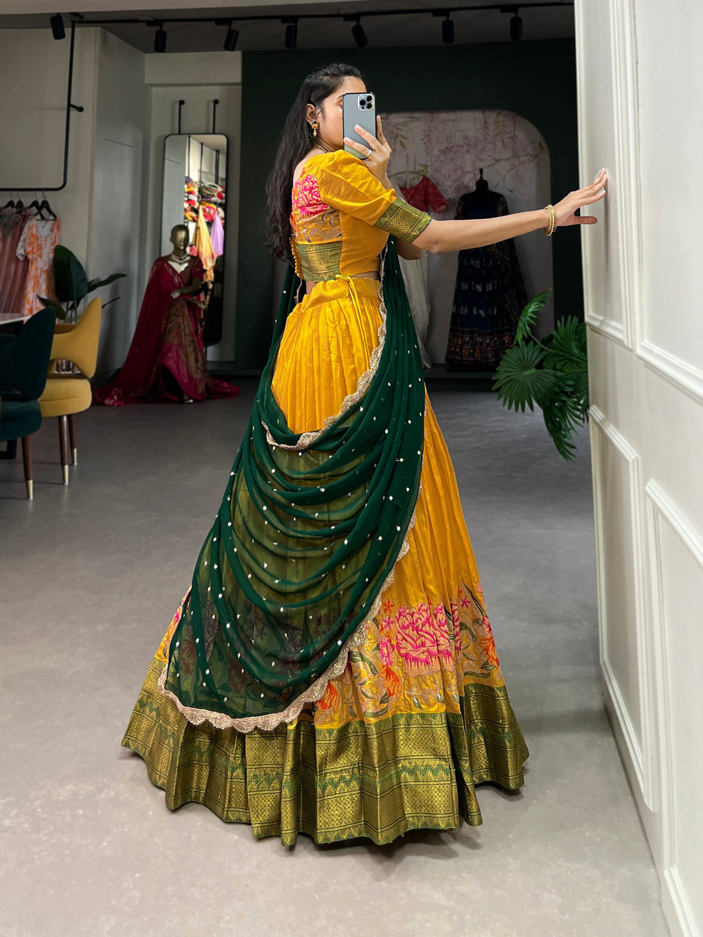 Lorenvalley Fashion Mustard Cotton Silk Thread Embroidery Work Lehenga Choli with Dupatta