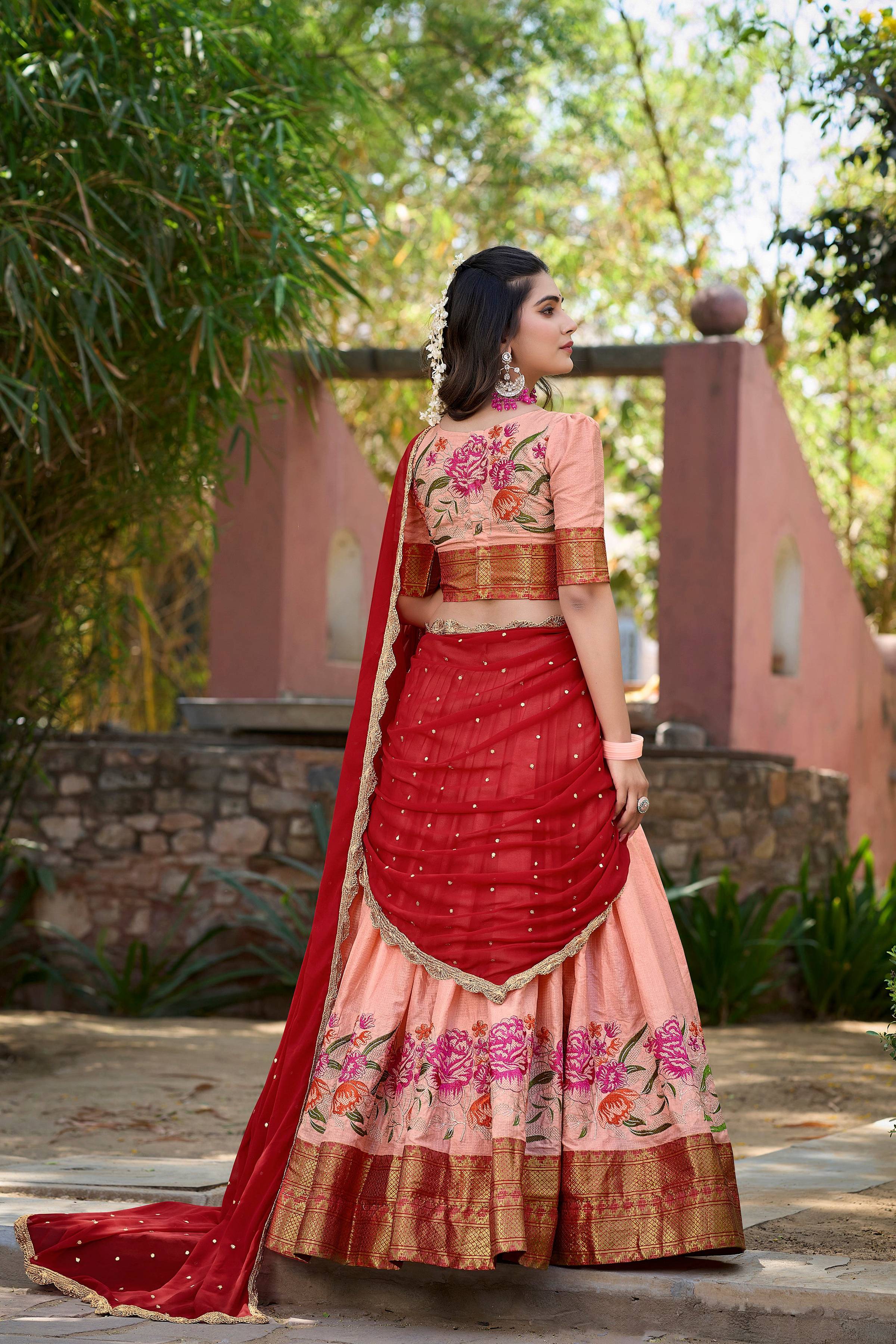 Lorenvalley Fashion Peach Cotton Silk Thread Embroidery Work Lehenga Choli with Dupatta