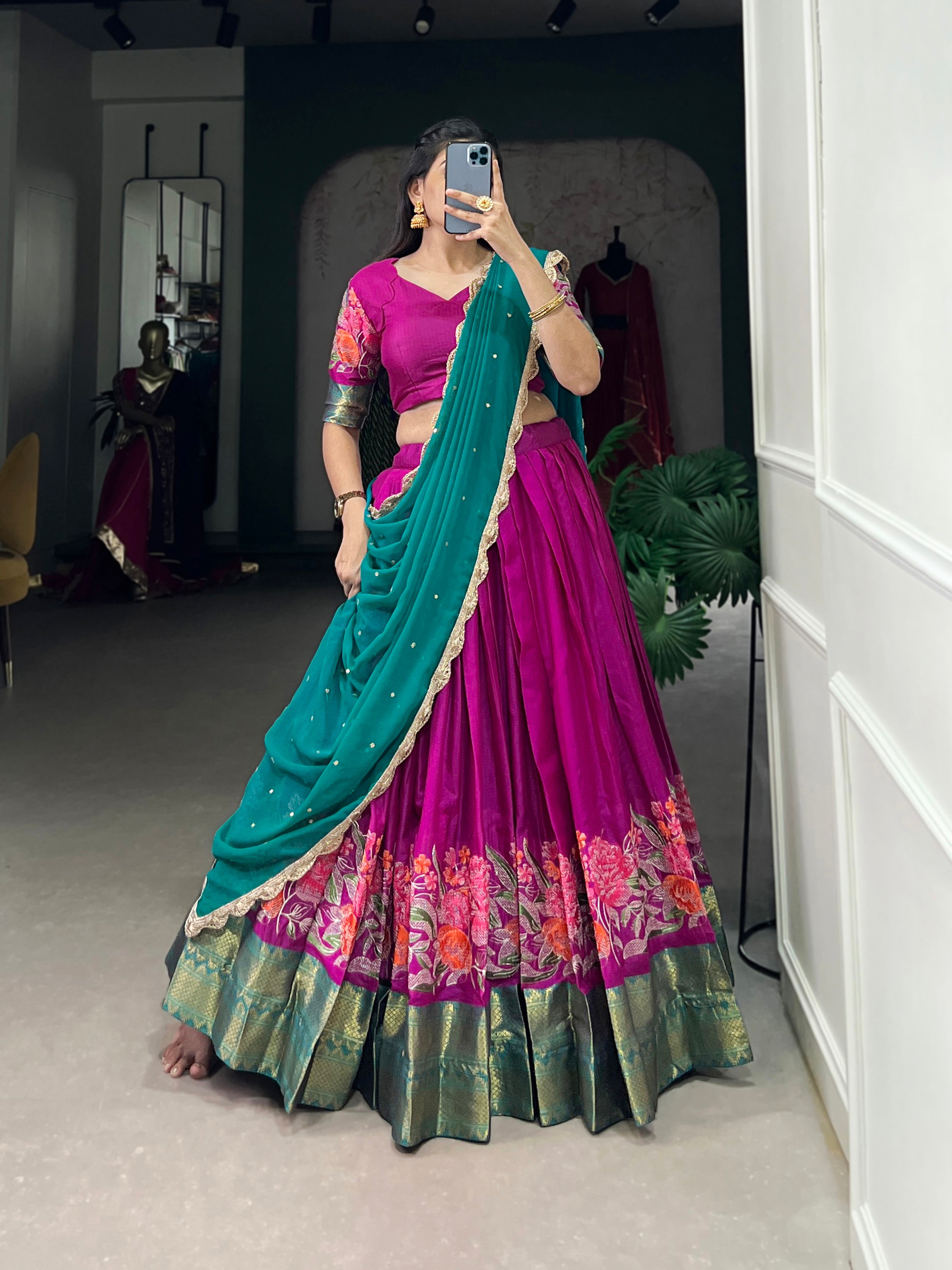 Lorenvalley Fashion Pink Cotton Silk Thread Embroidery Work Lehenga Choli with Dupatta