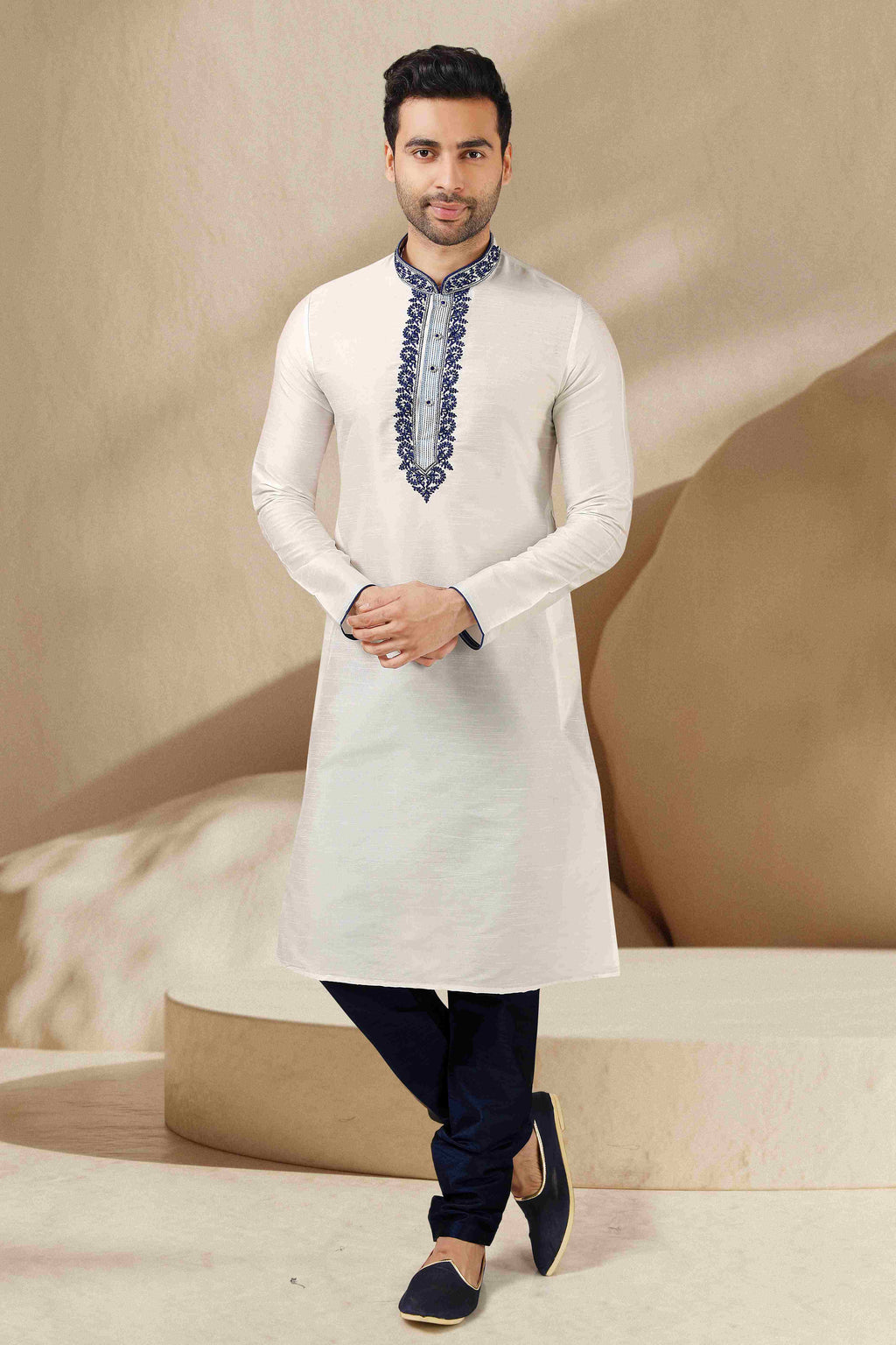 Raivat Ethnic Banarasi Art Silk Thread Work Kurta Pajama In Off White Colour - Distacart