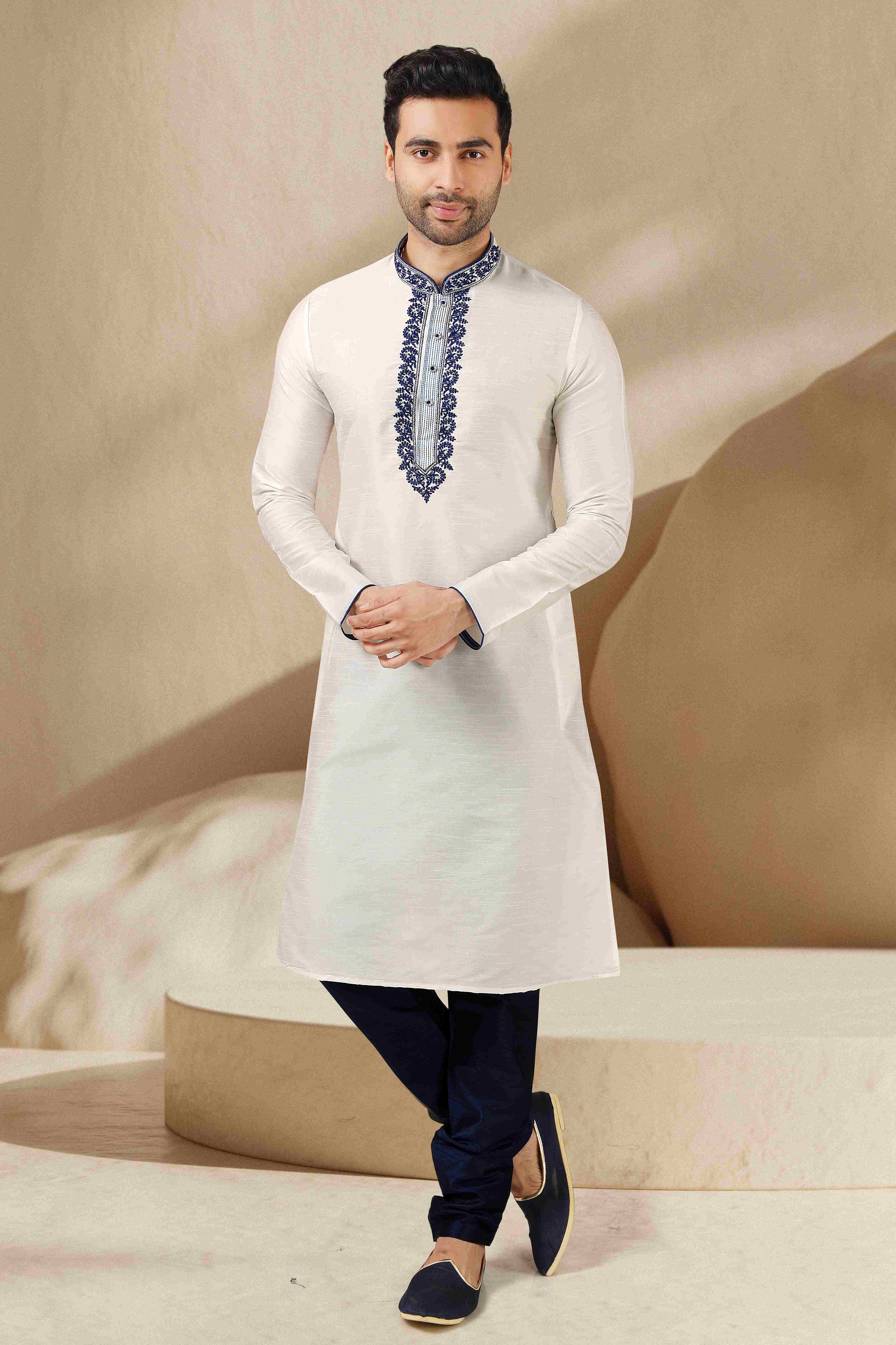 Raivat Ethnic Banarasi Art Silk Thread Work Kurta Pajama In Off White Colour - Distacart