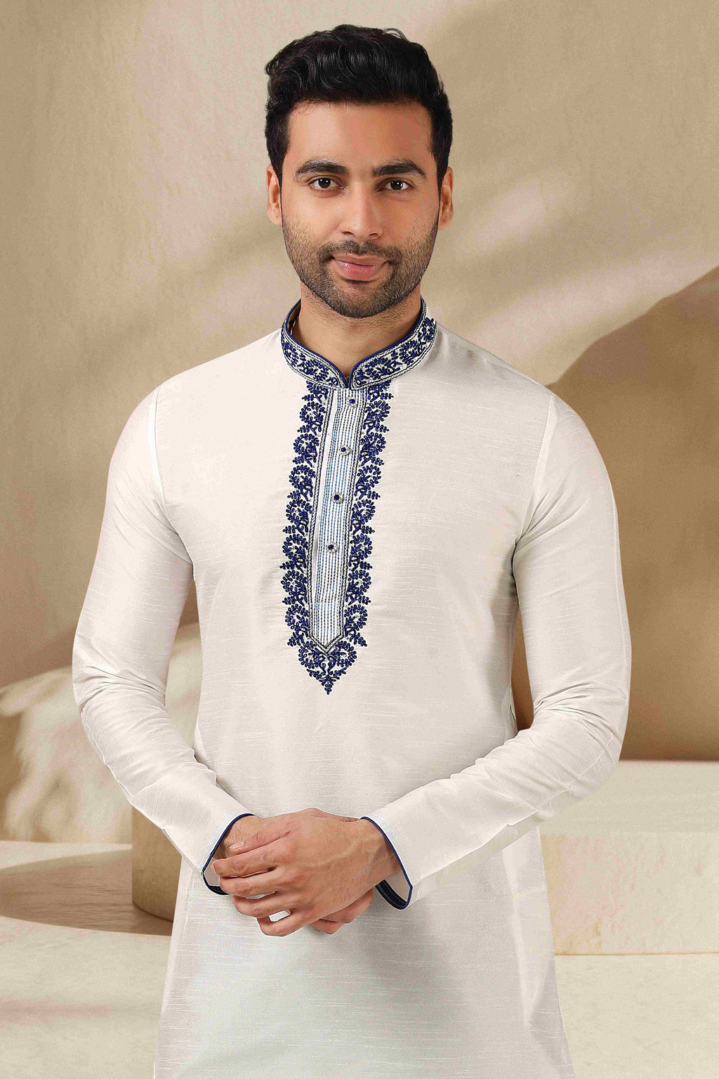 Raivat Ethnic Banarasi Art Silk Thread Work Kurta Pajama In Off White Colour - Distacart