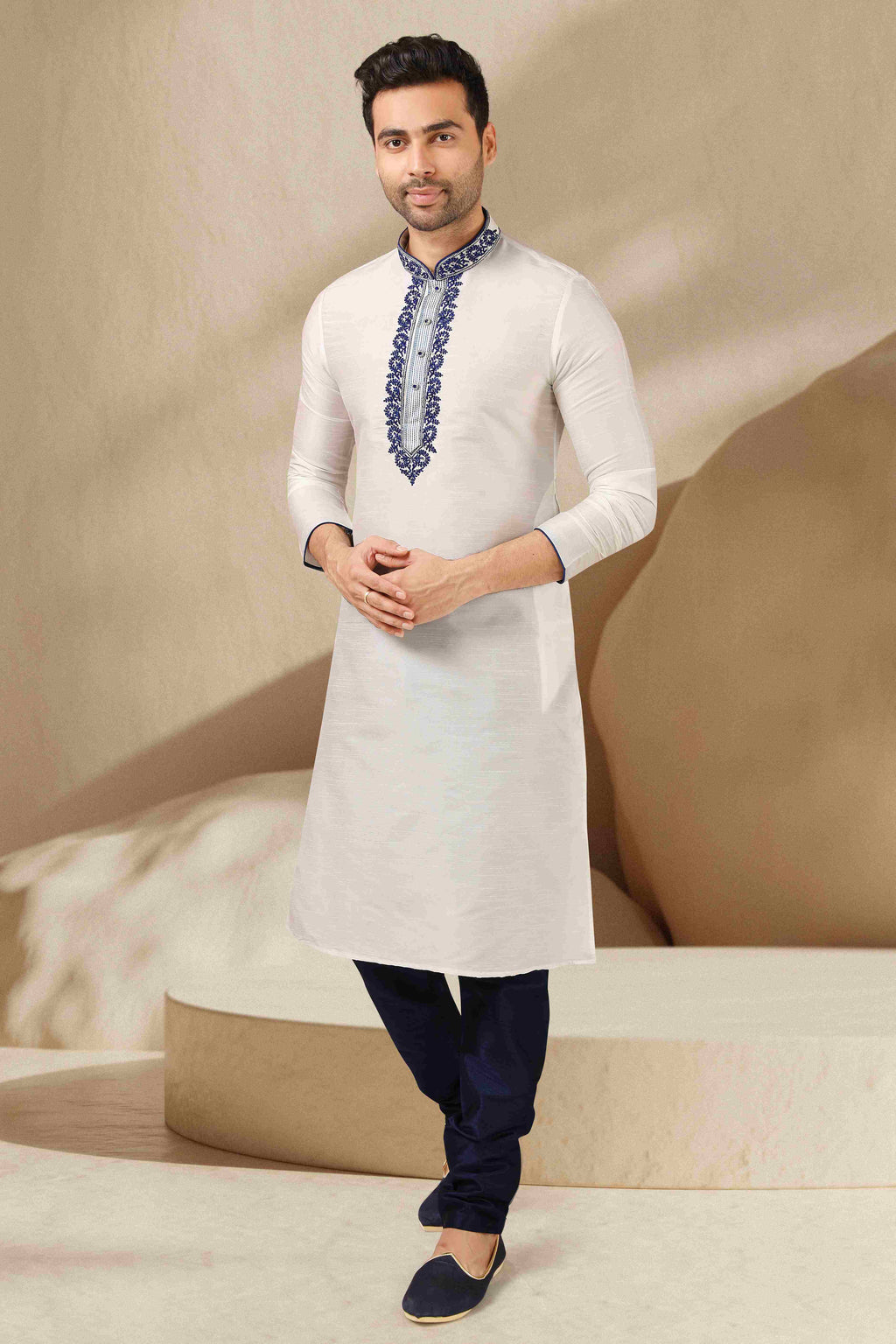 Raivat Ethnic Banarasi Art Silk Thread Work Kurta Pajama In Off White Colour - Distacart