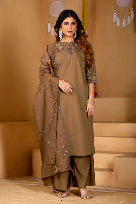 Lorenvalley Fashion Brown Viscose Mango Silk Multi Embroidery Thread with Hand Work Kurta Palazzo Dupatta
