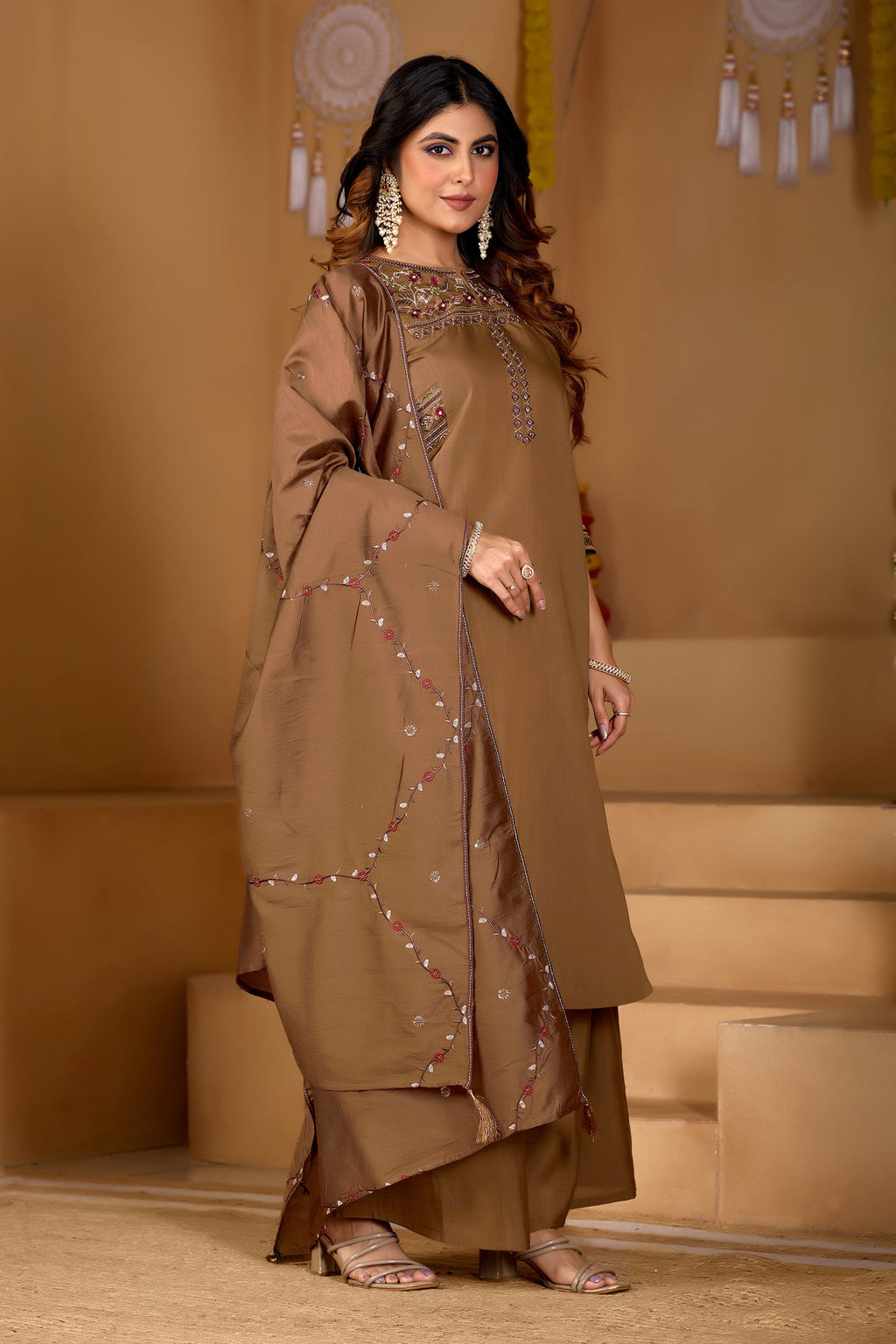 Lorenvalley Fashion Brown Viscose Mango Silk Multi Embroidery Thread with Hand Work Kurta Palazzo Dupatta - Distacart