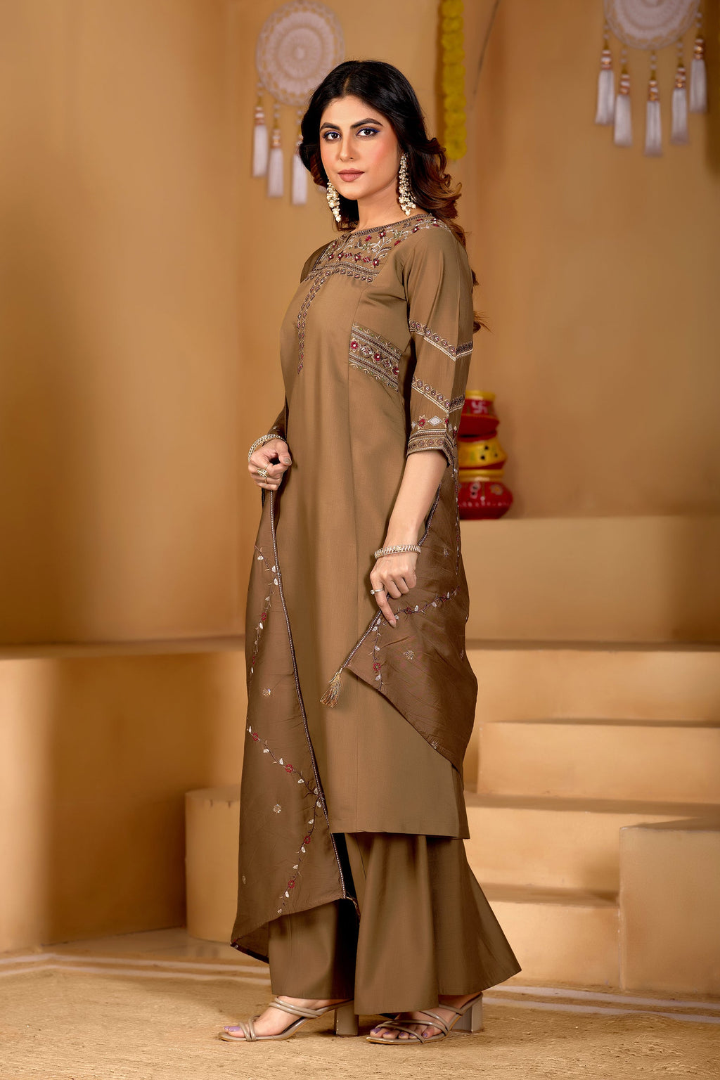 Lorenvalley Fashion Brown Viscose Mango Silk Multi Embroidery Thread with Hand Work Kurta Palazzo Dupatta - Distacart