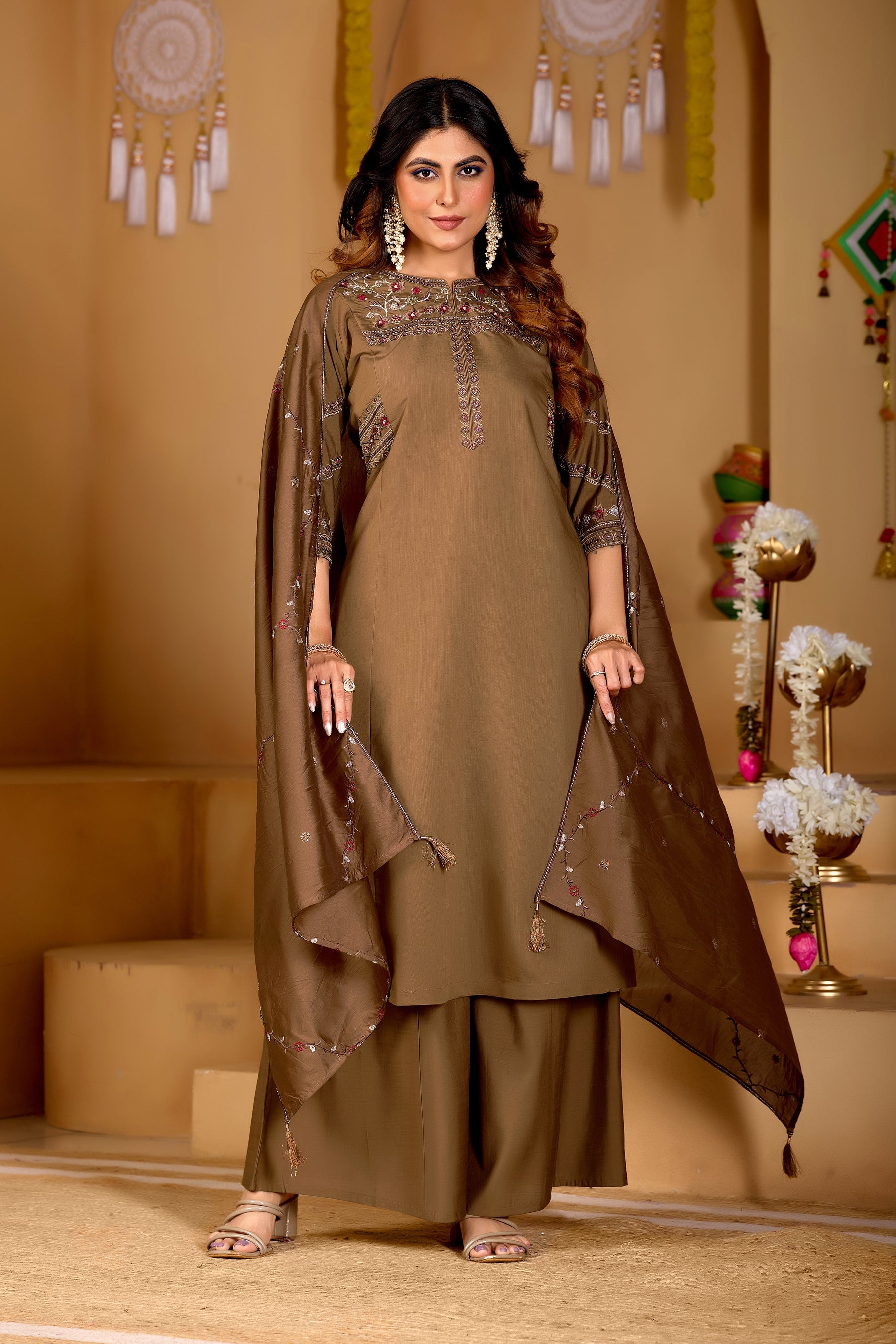 Lorenvalley Fashion Brown Viscose Mango Silk Multi Embroidery Thread with Hand Work Kurta Palazzo Dupatta - Distacart