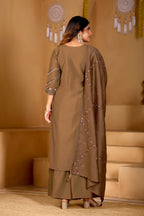 Lorenvalley Fashion Brown Viscose Mango Silk Multi Embroidery Thread with Hand Work Kurta Palazzo Dupatta - Distacart