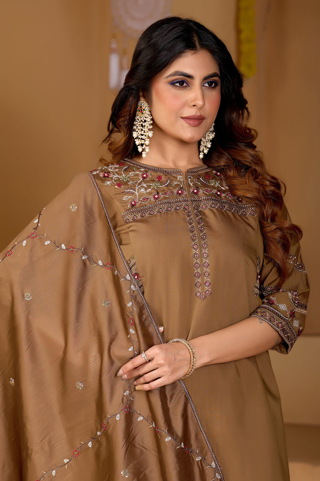 Lorenvalley Fashion Brown Viscose Mango Silk Multi Embroidery Thread with Hand Work Kurta Palazzo Dupatta - Distacart