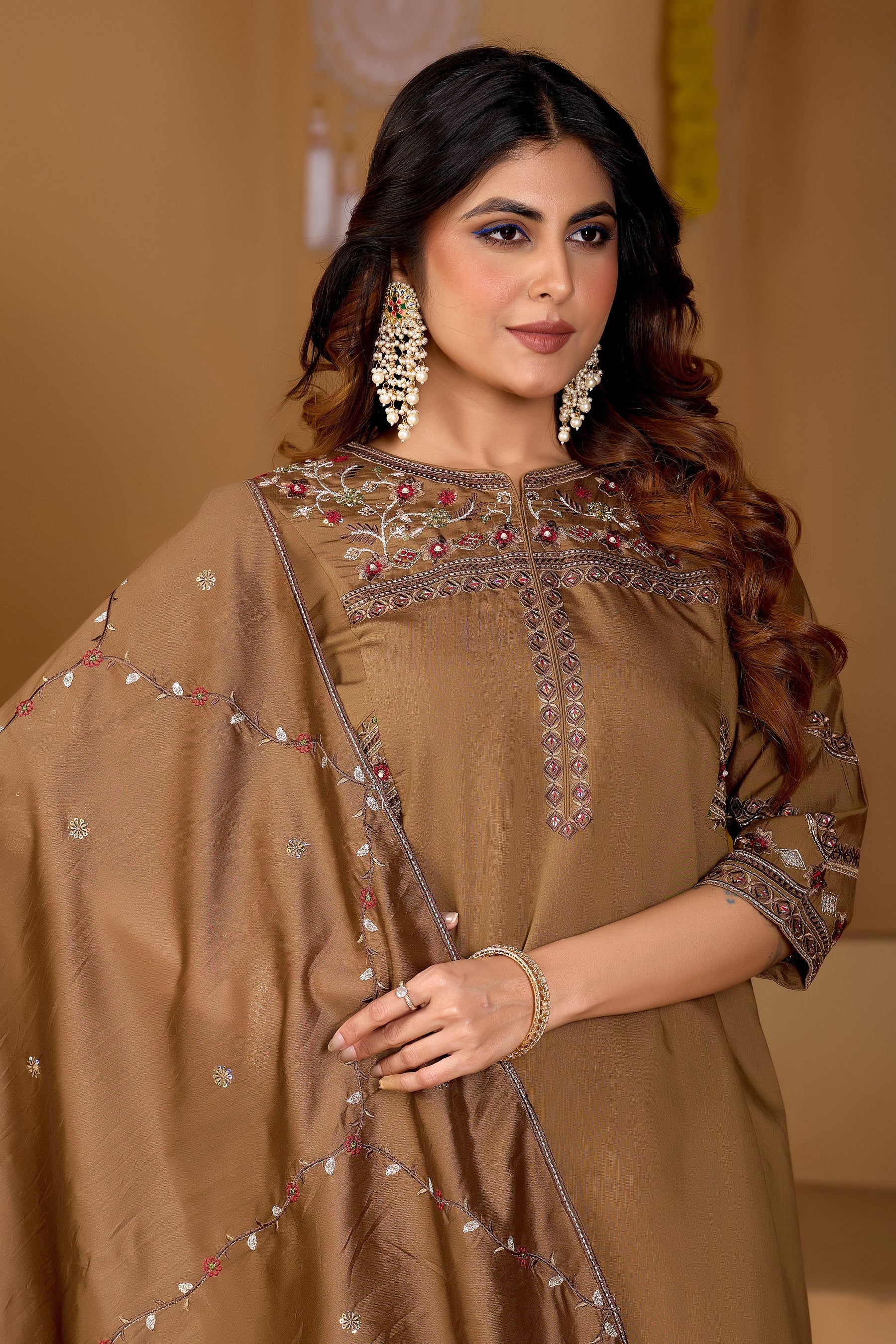 Lorenvalley Fashion Brown Viscose Mango Silk Multi Embroidery Thread with Hand Work Kurta Palazzo Dupatta - Distacart