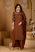 Lorenvalley Fashion Coffee Viscose Mango Silk Multi Embroidery Thread with Hand Work Kurta Palazzo Dupatta - Distacart