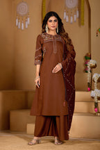 Lorenvalley Fashion Coffee Viscose Mango Silk Multi Embroidery Thread with Hand Work Kurta Palazzo Dupatta - Distacart