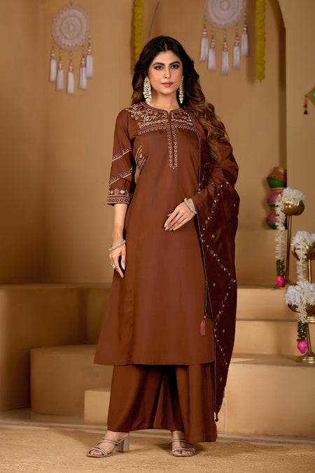 Lorenvalley Fashion Coffee Viscose Mango Silk Multi Embroidery Thread with Hand Work Kurta Palazzo Dupatta