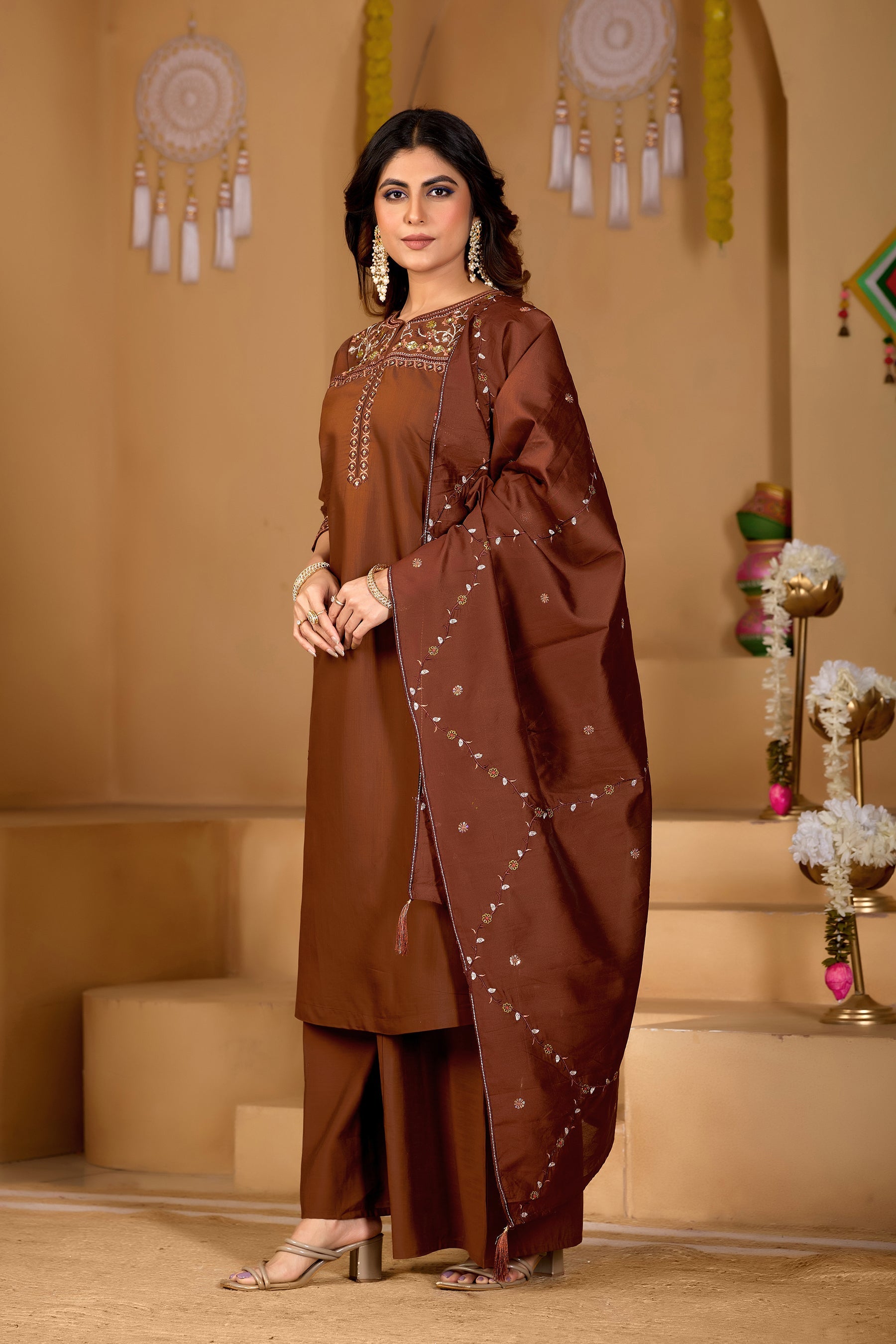 Lorenvalley Fashion Coffee Viscose Mango Silk Multi Embroidery Thread with Hand Work Kurta Palazzo Dupatta - Distacart