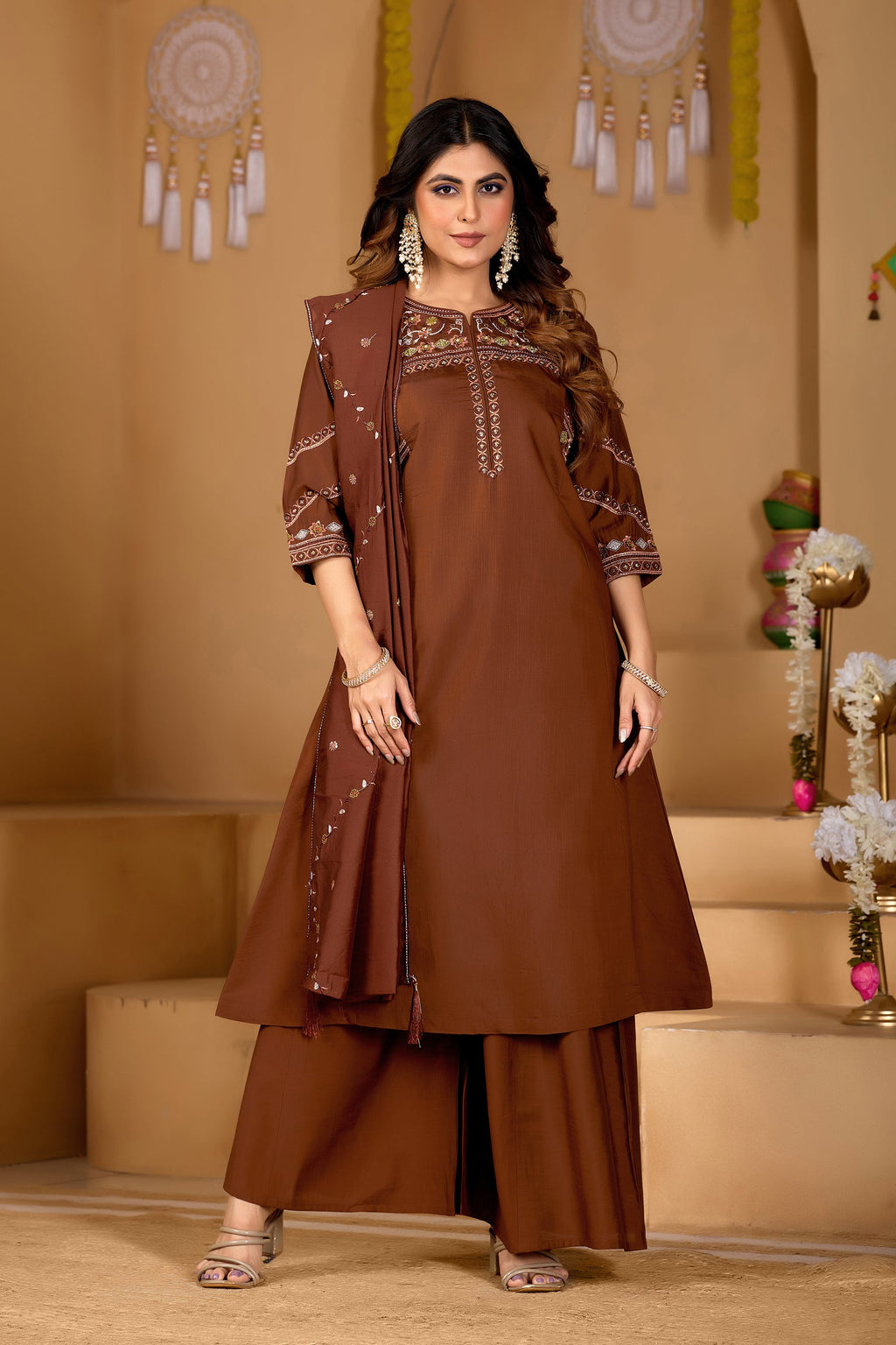 Lorenvalley Fashion Coffee Viscose Mango Silk Multi Embroidery Thread with Hand Work Kurta Palazzo Dupatta - Distacart