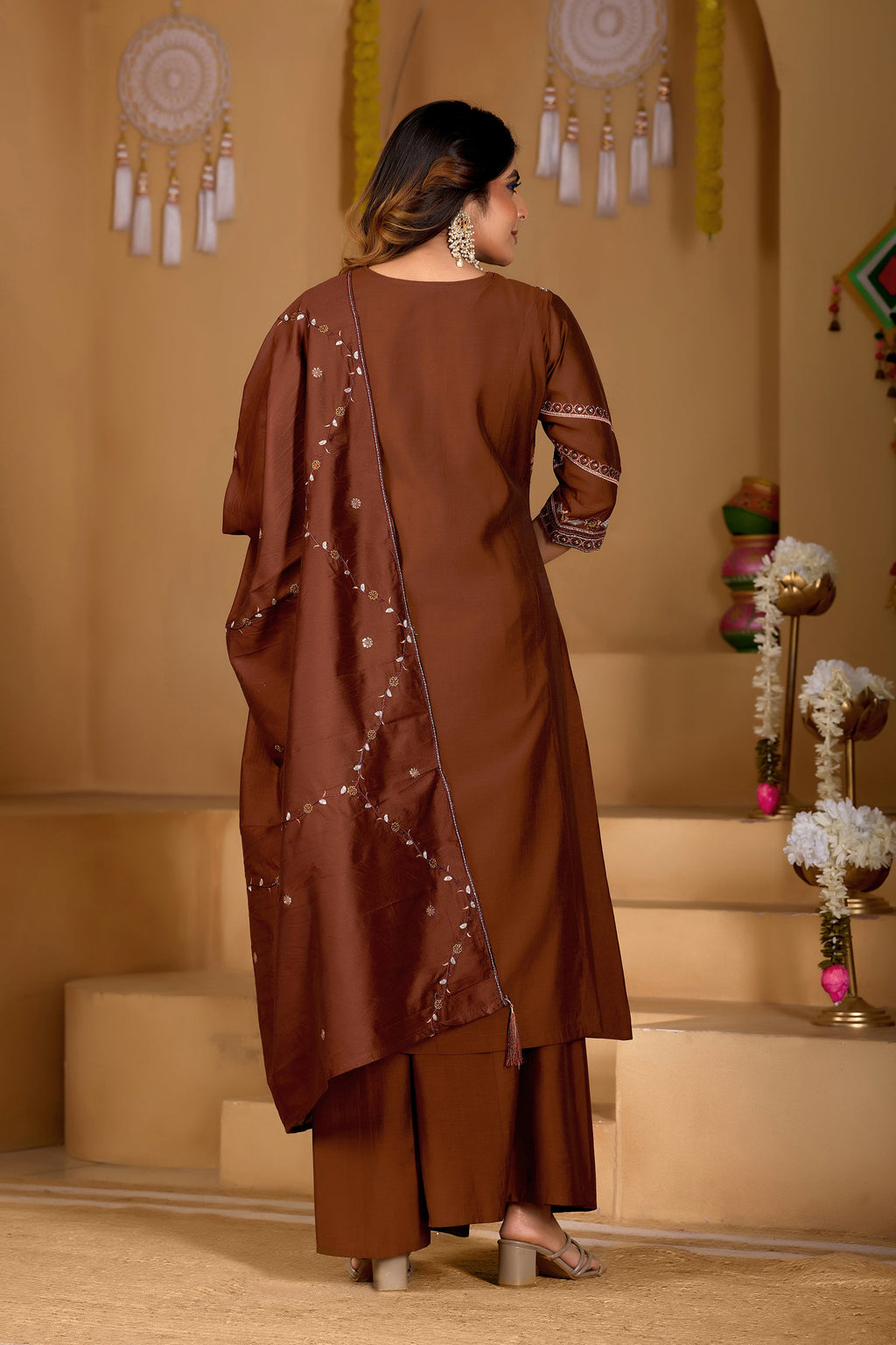 Lorenvalley Fashion Coffee Viscose Mango Silk Multi Embroidery Thread with Hand Work Kurta Palazzo Dupatta - Distacart