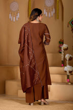 Lorenvalley Fashion Coffee Viscose Mango Silk Multi Embroidery Thread with Hand Work Kurta Palazzo Dupatta - Distacart