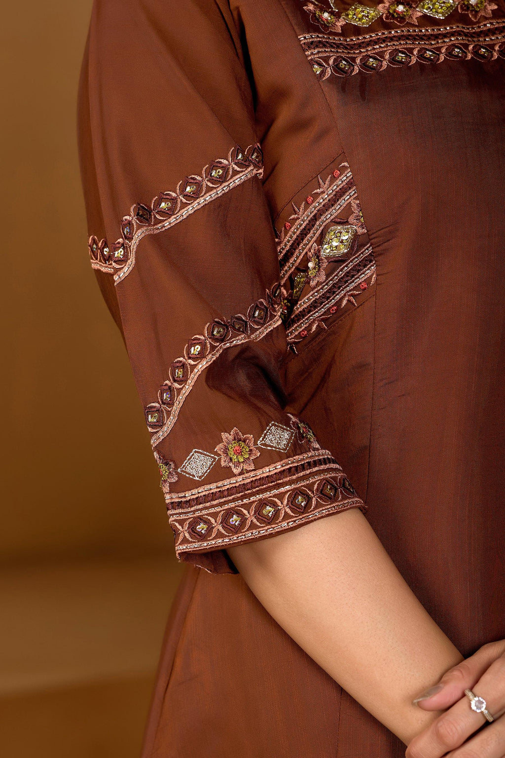 Lorenvalley Fashion Coffee Viscose Mango Silk Multi Embroidery Thread with Hand Work Kurta Palazzo Dupatta - Distacart