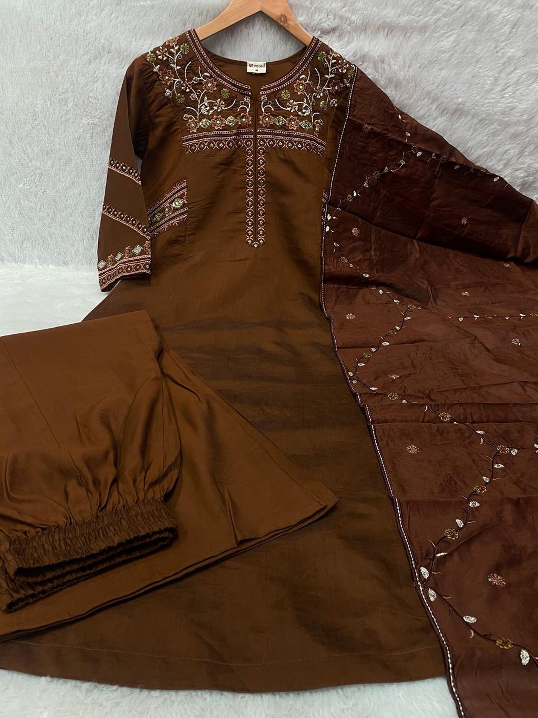 Lorenvalley Fashion Coffee Viscose Mango Silk Multi Embroidery Thread with Hand Work Kurta Palazzo Dupatta - Distacart