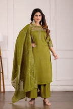 Lorenvalley Fashion Mehendi Viscose Mango Silk Multi Embroidery Thread with Hand Work Kurta Palazzo Dupatta - Distacart