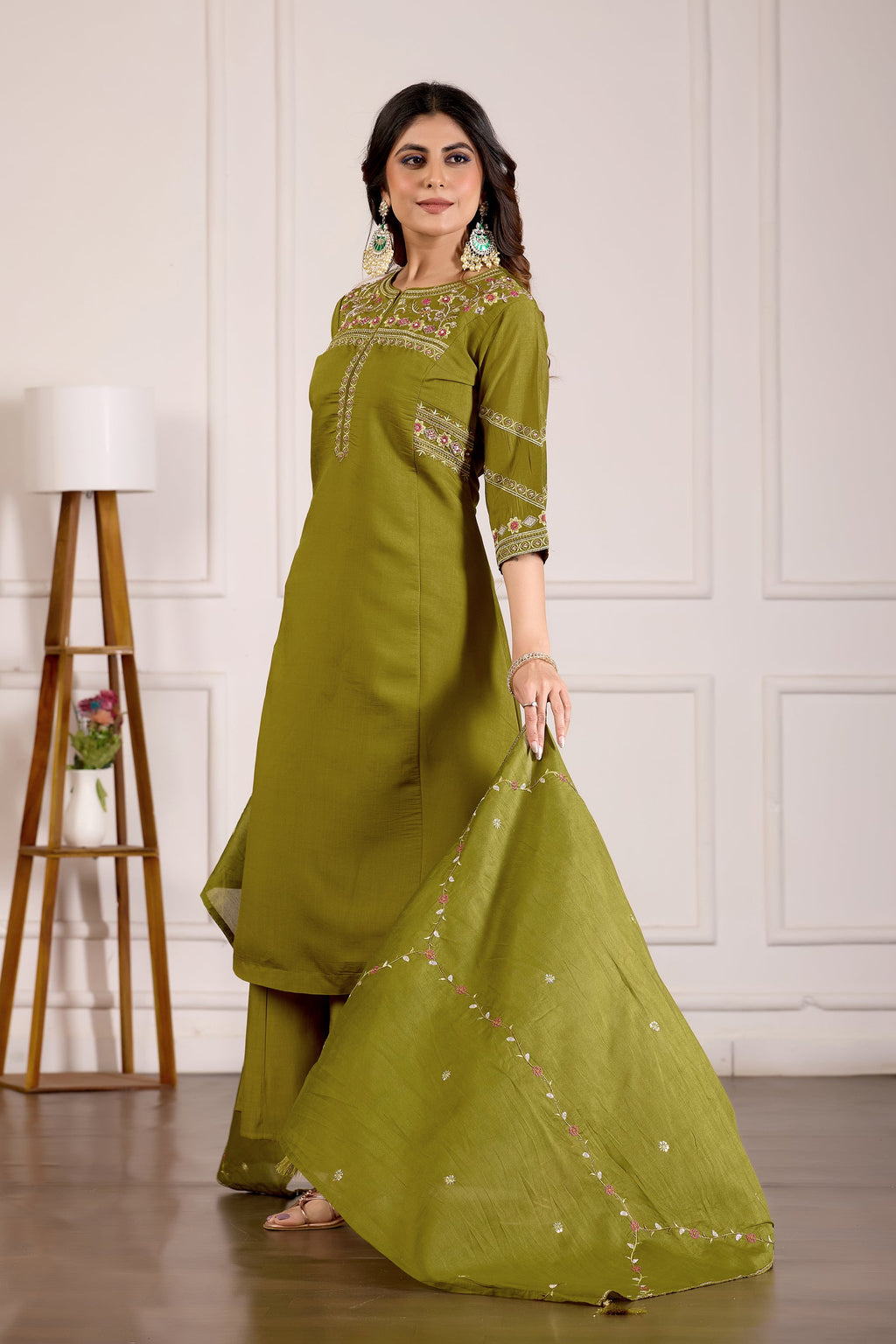 Lorenvalley Fashion Mehendi Viscose Mango Silk Multi Embroidery Thread with Hand Work Kurta Palazzo Dupatta - Distacart