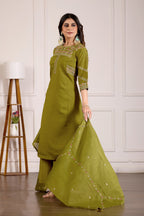 Lorenvalley Fashion Mehendi Viscose Mango Silk Multi Embroidery Thread with Hand Work Kurta Palazzo Dupatta - Distacart