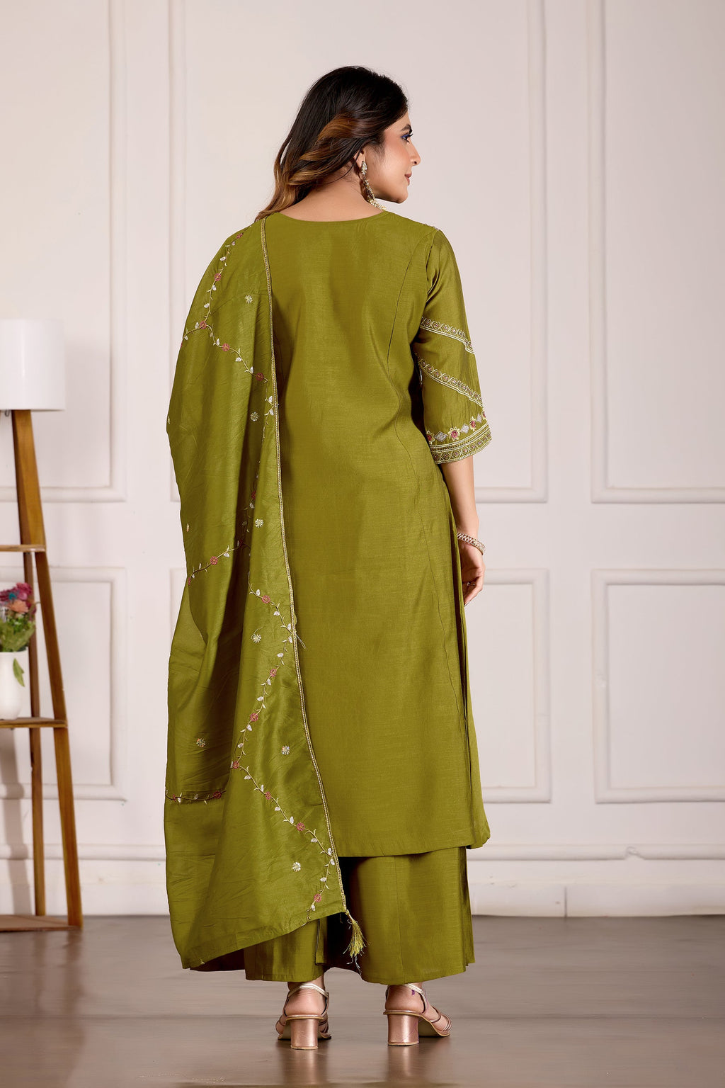 Lorenvalley Fashion Mehendi Viscose Mango Silk Multi Embroidery Thread with Hand Work Kurta Palazzo Dupatta - Distacart