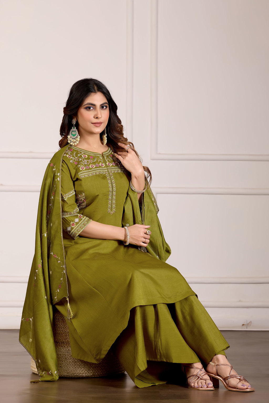 Lorenvalley Fashion Mehendi Viscose Mango Silk Multi Embroidery Thread with Hand Work Kurta Palazzo Dupatta - Distacart