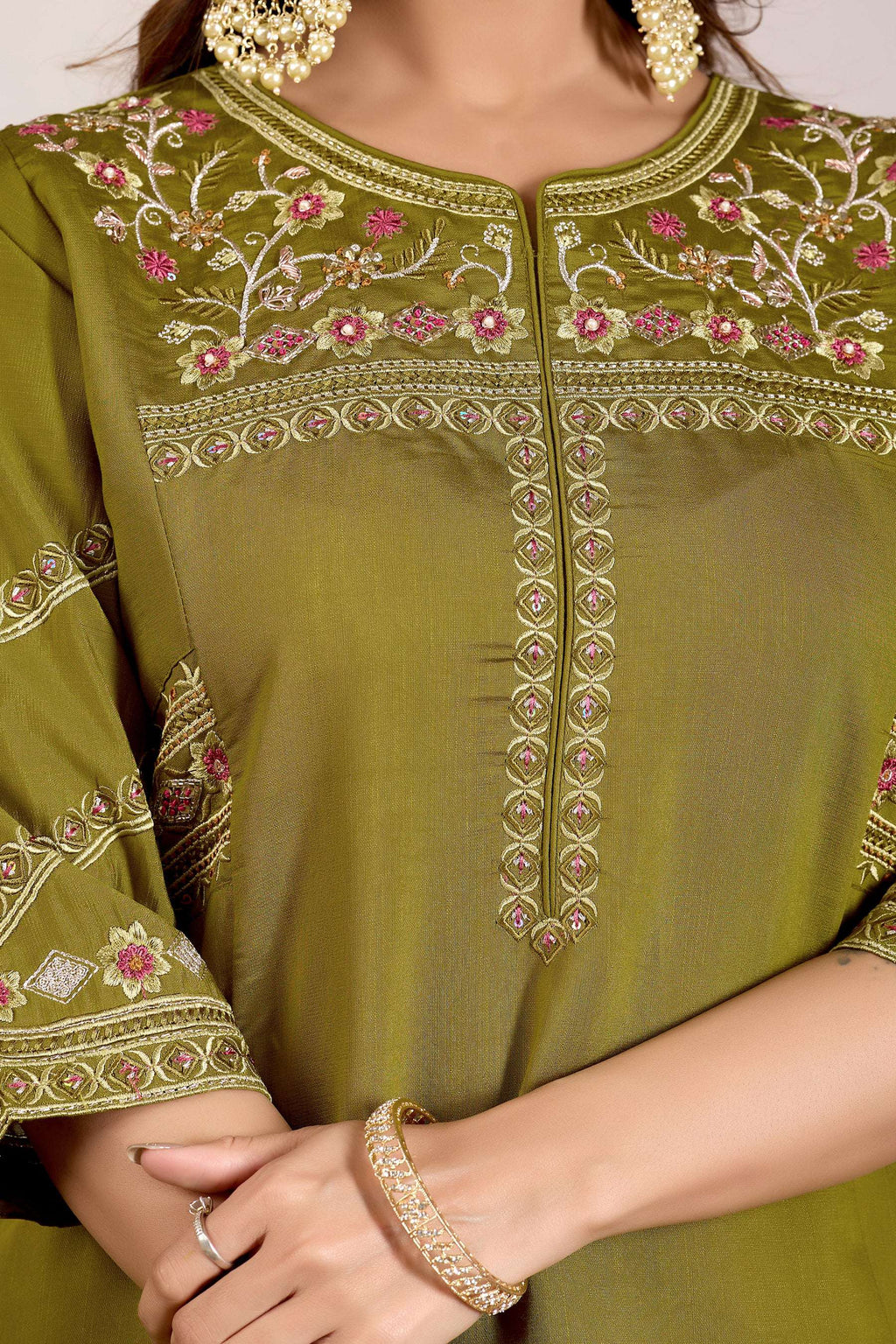 Lorenvalley Fashion Mehendi Viscose Mango Silk Multi Embroidery Thread with Hand Work Kurta Palazzo Dupatta - Distacart