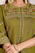 Lorenvalley Fashion Mehendi Viscose Mango Silk Multi Embroidery Thread with Hand Work Kurta Palazzo Dupatta - Distacart