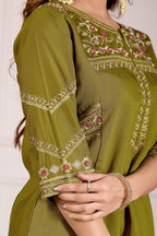 Lorenvalley Fashion Mehendi Viscose Mango Silk Multi Embroidery Thread with Hand Work Kurta Palazzo Dupatta - Distacart