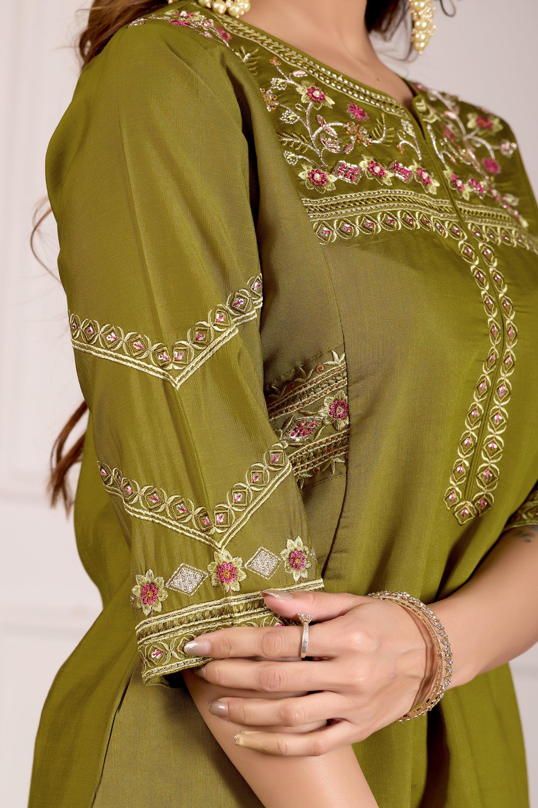 Lorenvalley Fashion Mehendi Viscose Mango Silk Multi Embroidery Thread with Hand Work Kurta Palazzo Dupatta - Distacart