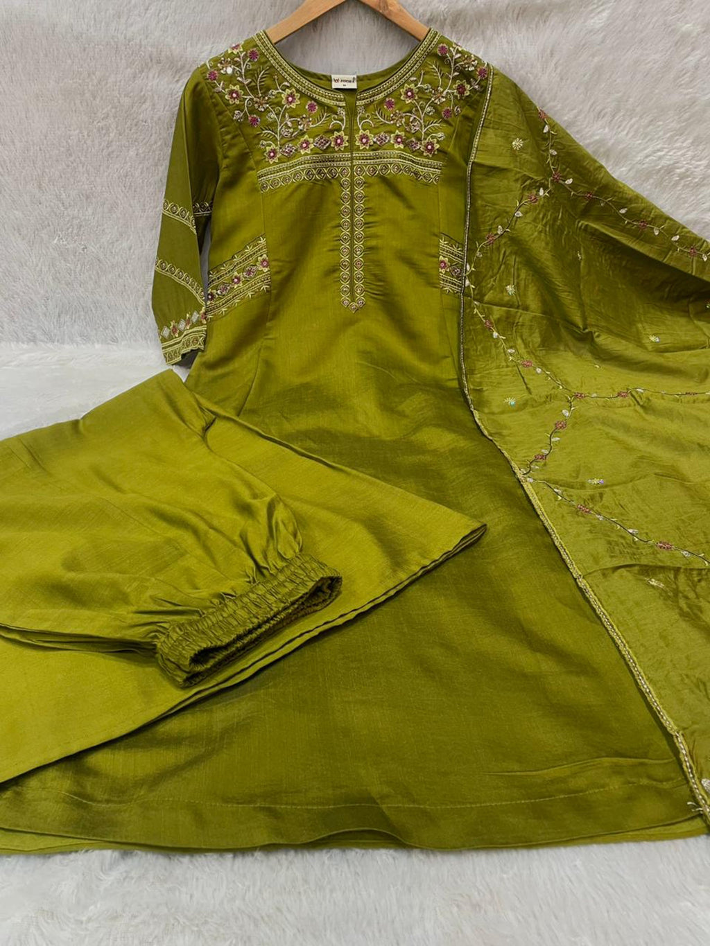 Lorenvalley Fashion Mehendi Viscose Mango Silk Multi Embroidery Thread with Hand Work Kurta Palazzo Dupatta - Distacart