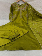 Lorenvalley Fashion Mehendi Viscose Mango Silk Multi Embroidery Thread with Hand Work Kurta Palazzo Dupatta - Distacart