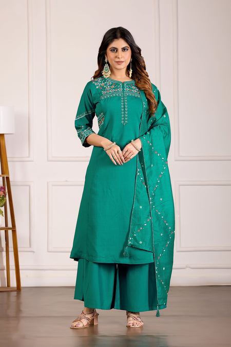 Lorenvalley Fashion Teal Viscose Mango Silk Multi Embroidery Thread with Hand Work Kurta Palazzo Dupatta