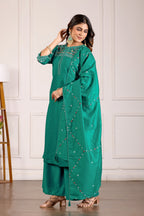 Lorenvalley Fashion Teal Viscose Mango Silk Multi Embroidery Thread with Hand Work Kurta Palazzo Dupatta - Distacart